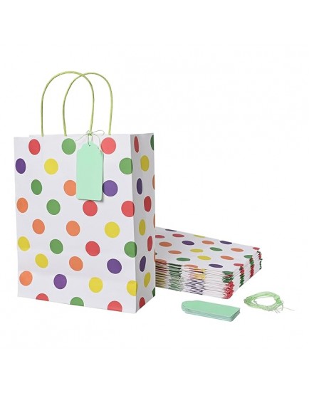 Suffix Retail ® - (Pack of 20) Polka Dots Paper Bags for Return Gifts with Gift Tags & Threads/Gift Bags For Corporate Events (12X8.7X3 inches) | Party Favor Bags for Kids Birthday, Mix