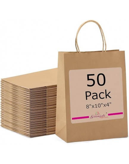 Gitanjali Paper Curves® -Kraft Paper Bags 8"x10"x4"(Brown) 50 pcs -Small Shopping Merchandise Retail Paper Carry Bags, Craft Paper Gift Bags - Disposable Recycled Eco Friendly Paper Bags (50 pcs)
