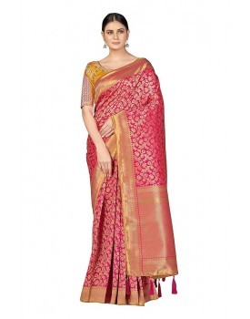 Monjolika Fashion Women's Banarasi Silk Blend Woven Rani Pink Color Tussle Saree With Embroidered Work Blouse Piece (45555 Rani Pink)
