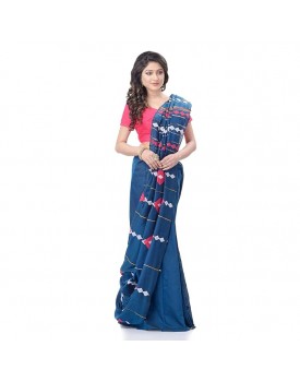 Bengal Cotton Women`s Bengali Khesh Pure Cotton Handloom Saree Diamond Designed With Blouse Piece(Prussian Blue)
