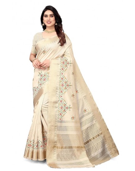 SERONA FABRICS Women's Assam Cotton Silk With Golden Border Thread Embroidered Work Saree With Blouse Piece