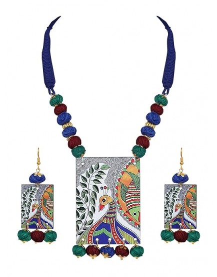 Jewellery for Less Beautiful Warli Painting Faces Pendant with Multi Color and Cotton Bead Adjustable Thread Handcraft Necklace and Dangler Earrings for Women and Girls.