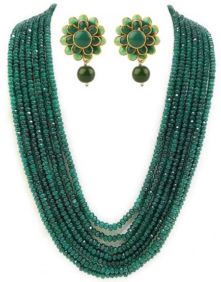 RAJASTHANI Green Onyx 7 Layer necklace set with Stud earring for women